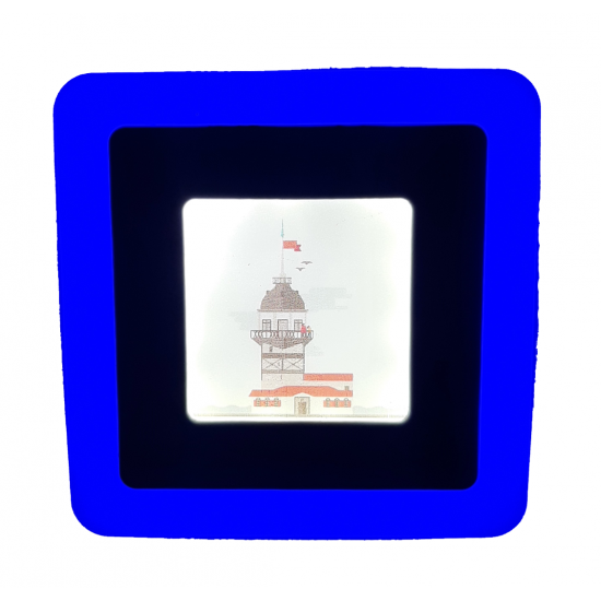 Kız Kulesi Baskılı Çift Renkli 3+3 watt Sıva Üstü Kare Led Spot Armatür veya Gece Lambası Mavi 10cm